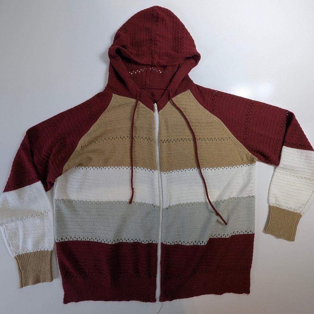 Womens Colorblock Pointelle Knit Zip Up Hoodie Sweater Burgundy Tan 2XL